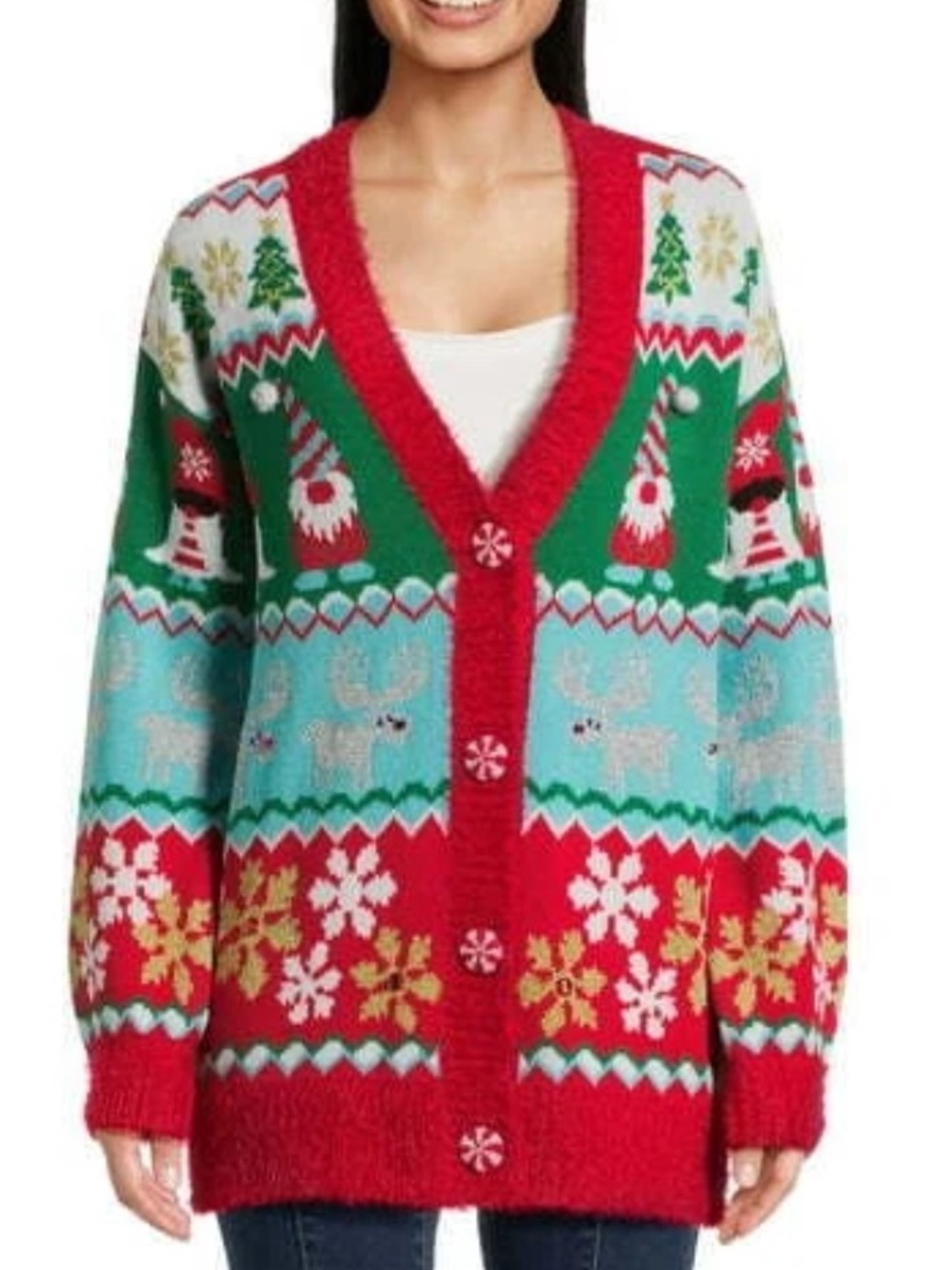 Holiday Time Women's Red,‎ Green & Blue Gnomes Cardigan Ugly Sweater. XL. NWT.